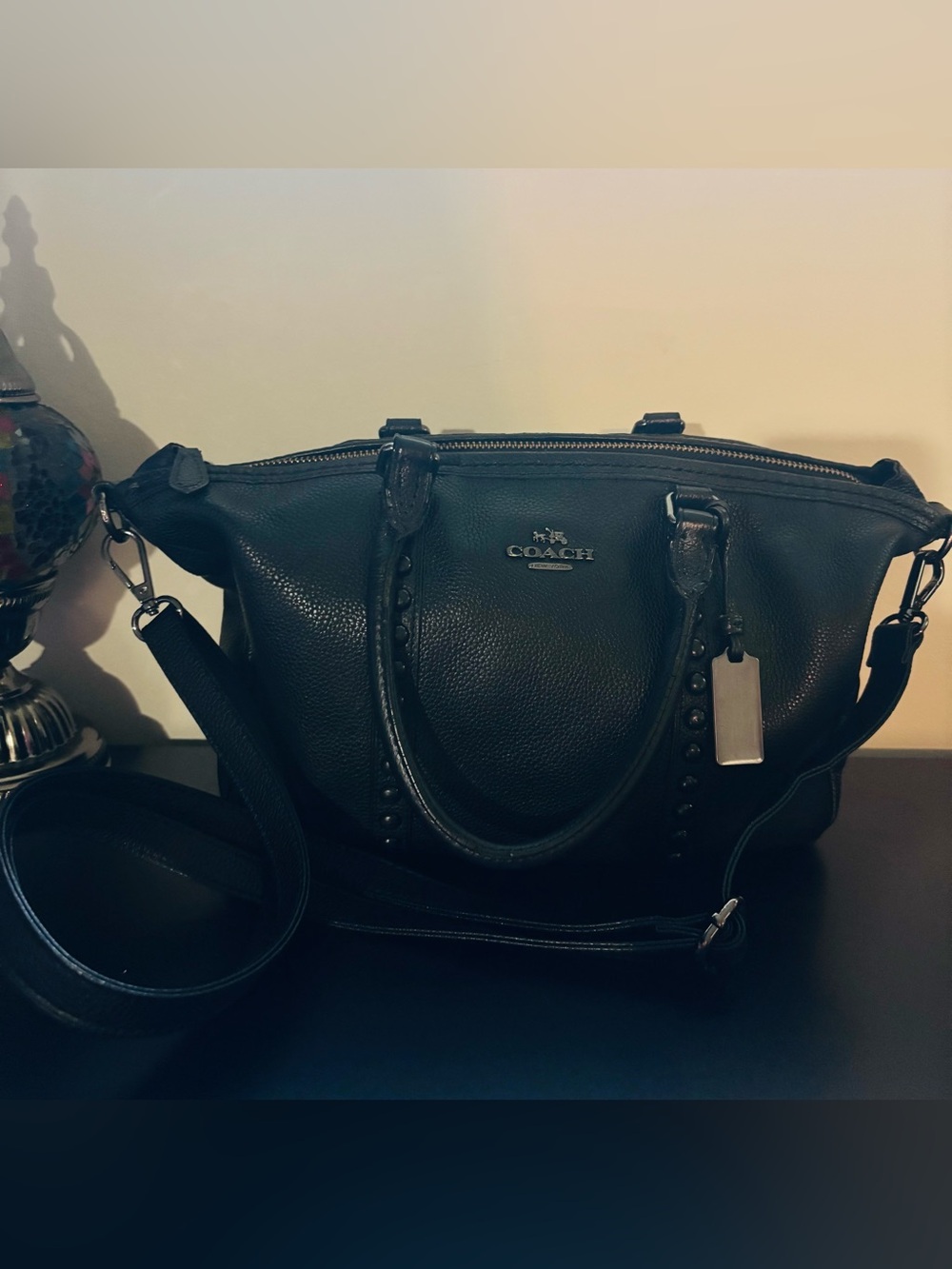Coach Black Pebbled Leather Studded Satchel Crossbody Bag Style 36306